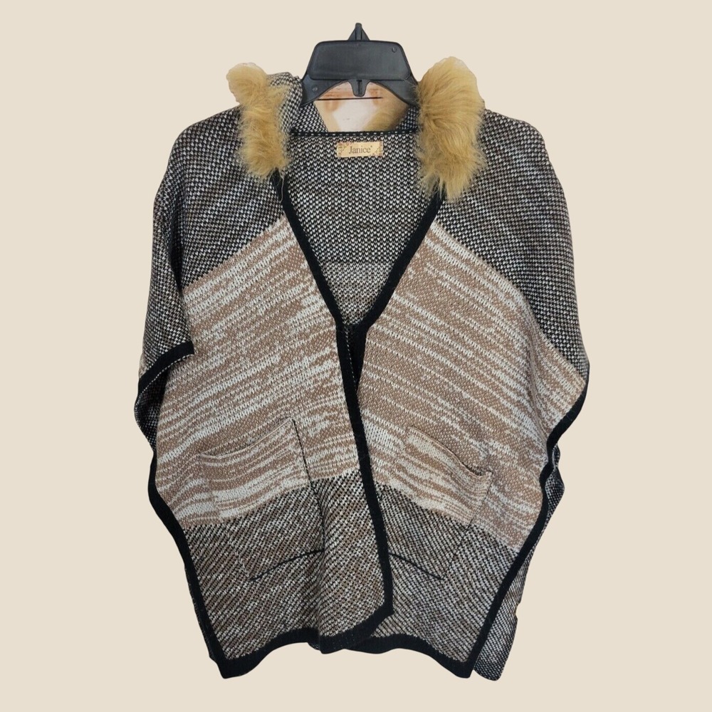 Janice Poncho Cape Faux Fur Hooded Knit Boho Cabincore Wrap Sweater Black